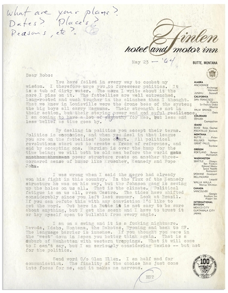 Hunter Thompson Letter With Hand Annotations -- ''...we will both be old men before the world power structure rests on another three-cornered sense of humor like Kruschev, Kennedy and Pope John...''